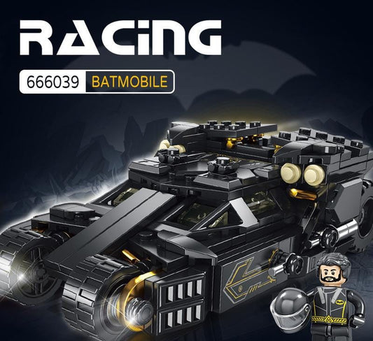 Kids building batmobile racing car.